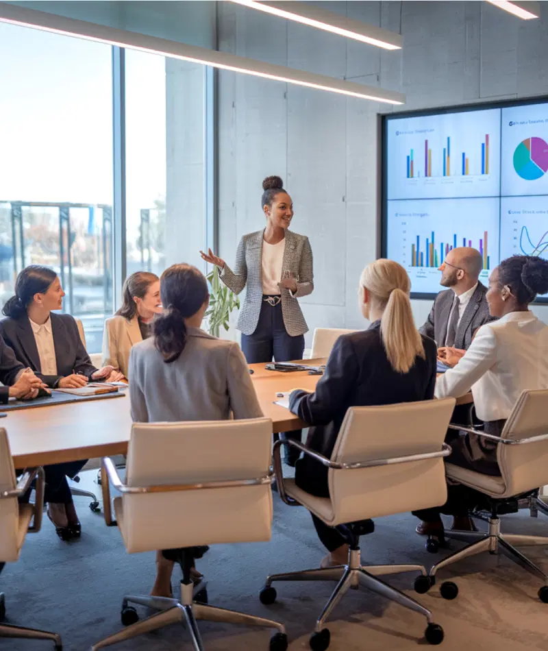 business partners looking female manager giving presentation